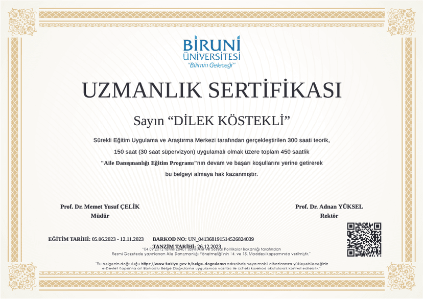Psikolog Dilek Köstekli sertifika 3