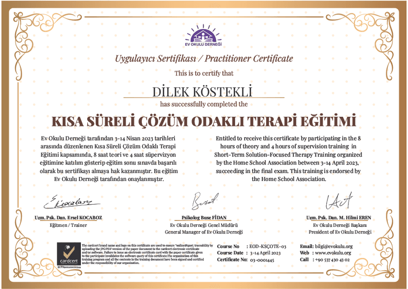 Psikolog Dilek Köstekli sertifika 4