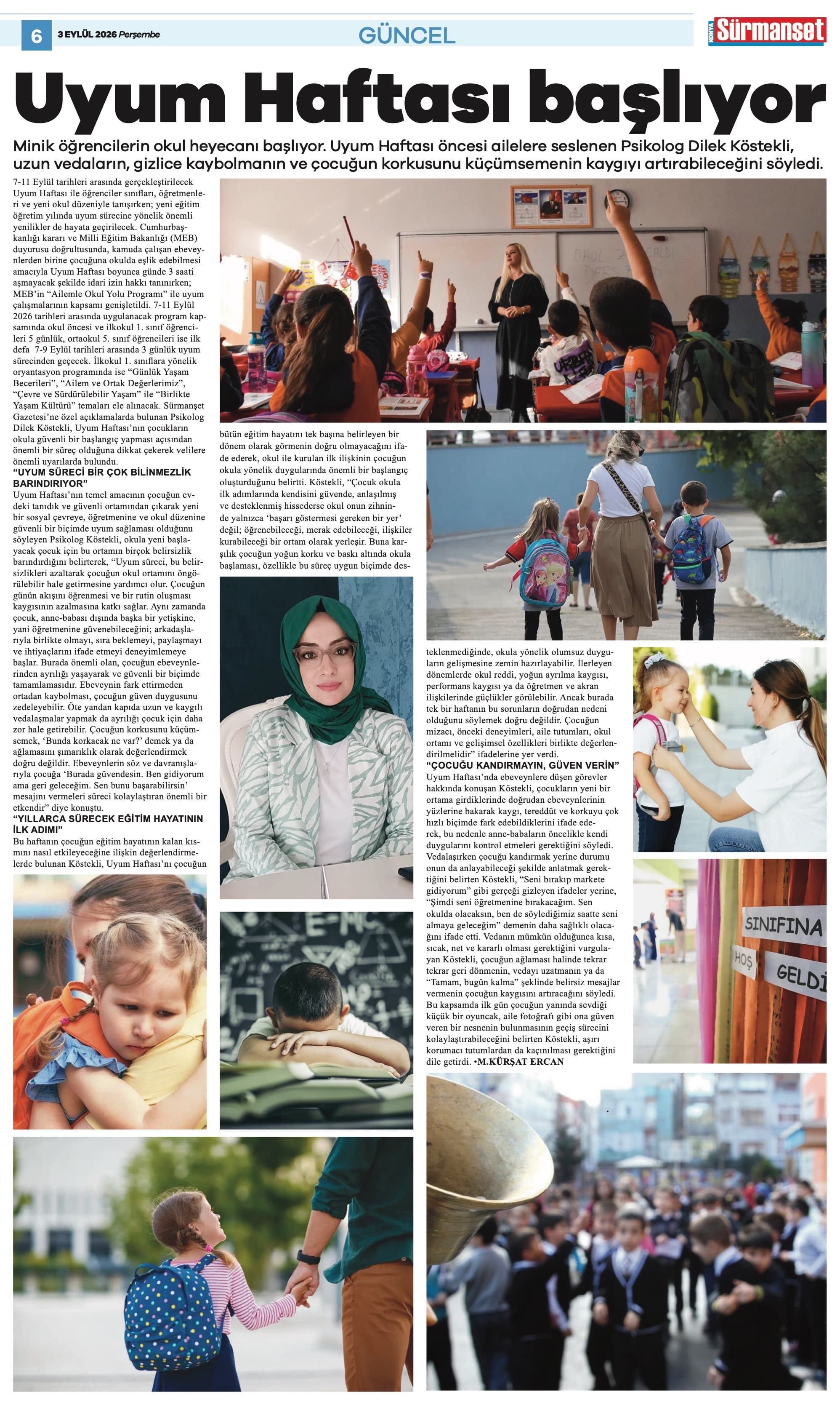 Sürmanşet Gazetesi 3 Eylül 2026 tarihli 6. sayfası: «Uyum Haftası başlıyor» başlıklı haber ve Psikolog Dilek Köstekli'nin açıklamaları